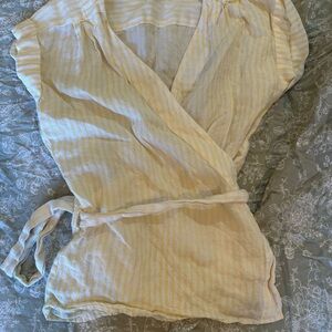 Frame Denim Soft Yellow and White Striped Blouse: Wrap Neck Waist Tie , Surplice